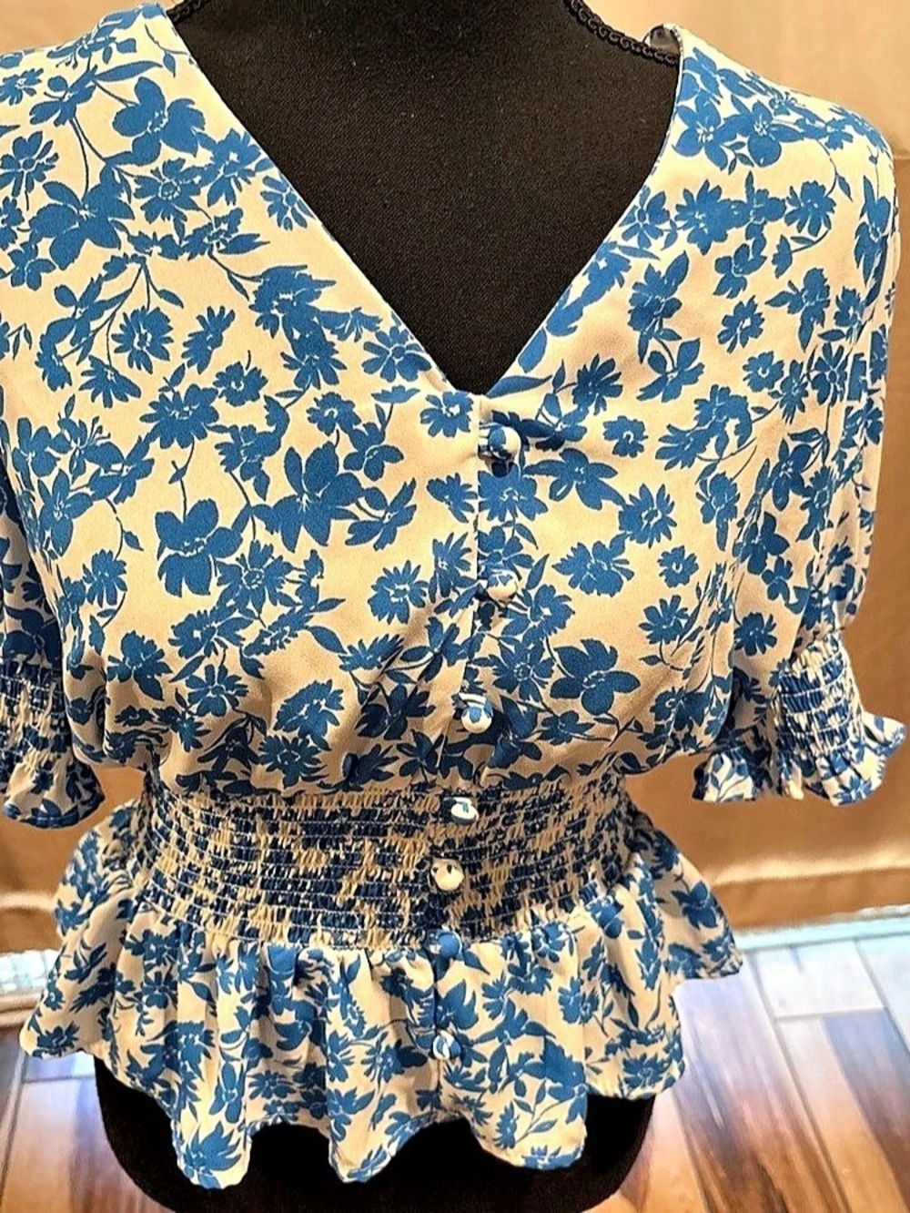 Floral Peplum Blouse in Blue & Cream Like New